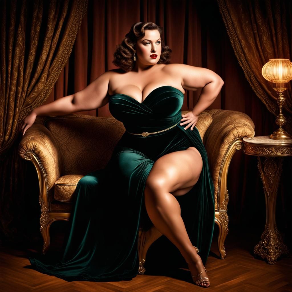 A voluptuous woman of incredible beauty pulp-style pin-up pose