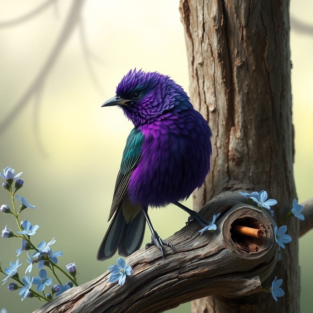 Purple Bird on Branch with Blue Flowers