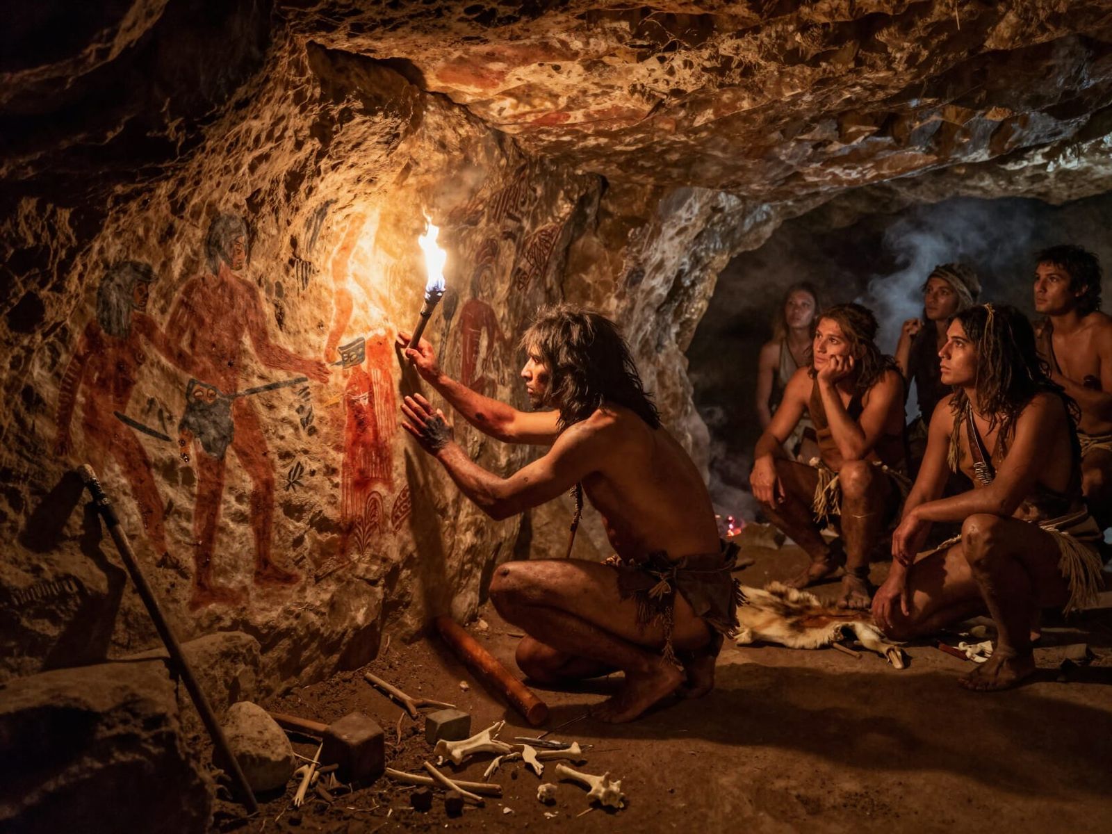 Prehistoric Cave Art Creation with Torchlight and Spectators