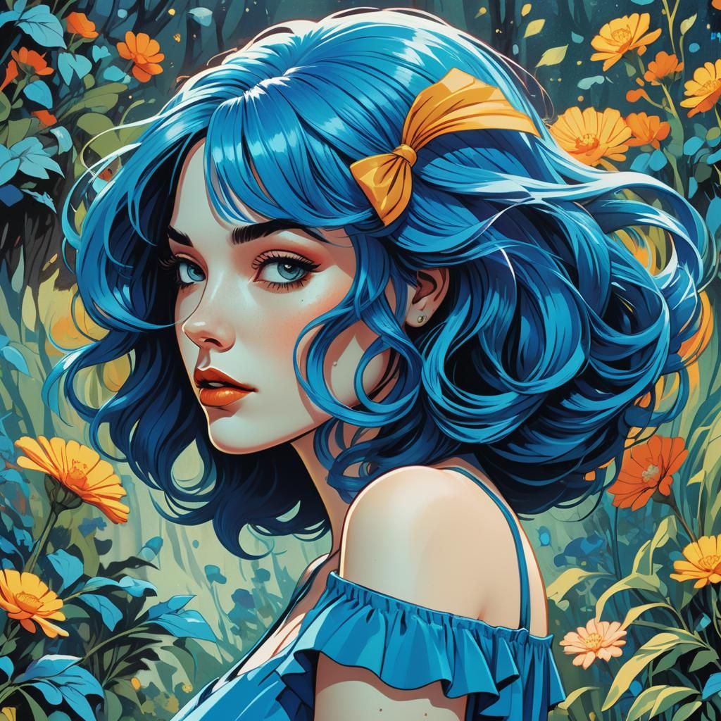 Retro Comic Book Girl with Blue Hair Portrait