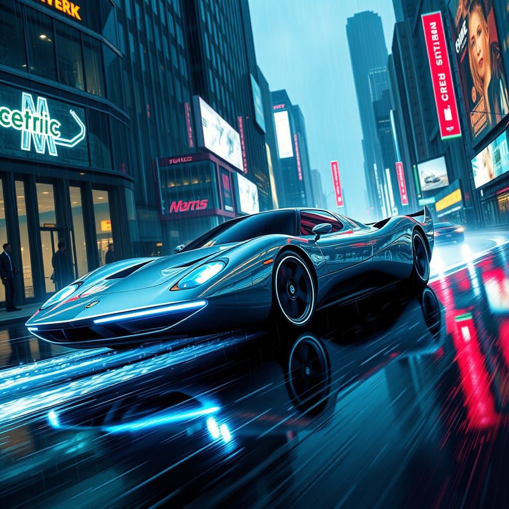 Neon Cyberpunk Speedster in Futuristic Cityscape