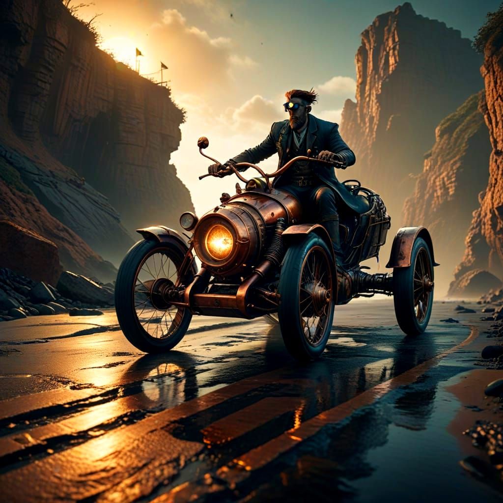 Copper Steampunk Trike on Coastal Road: Matte Painting