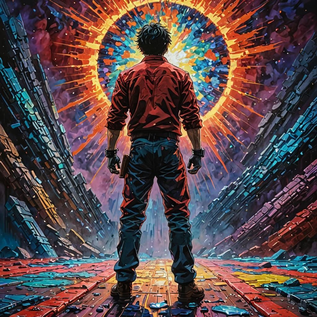 Akira Hero Confronts End Boss in Impasto Style