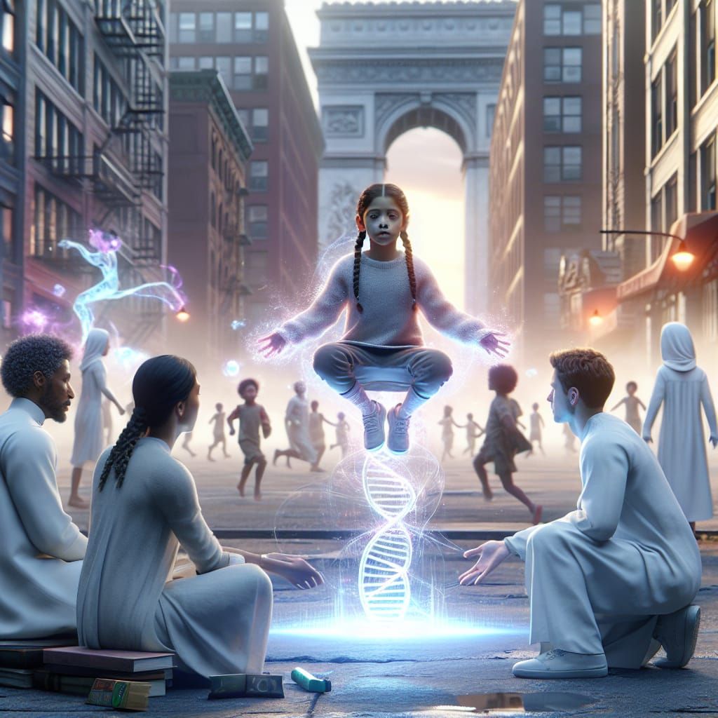 Girl Levitating with DNA Projection in Urban Scene