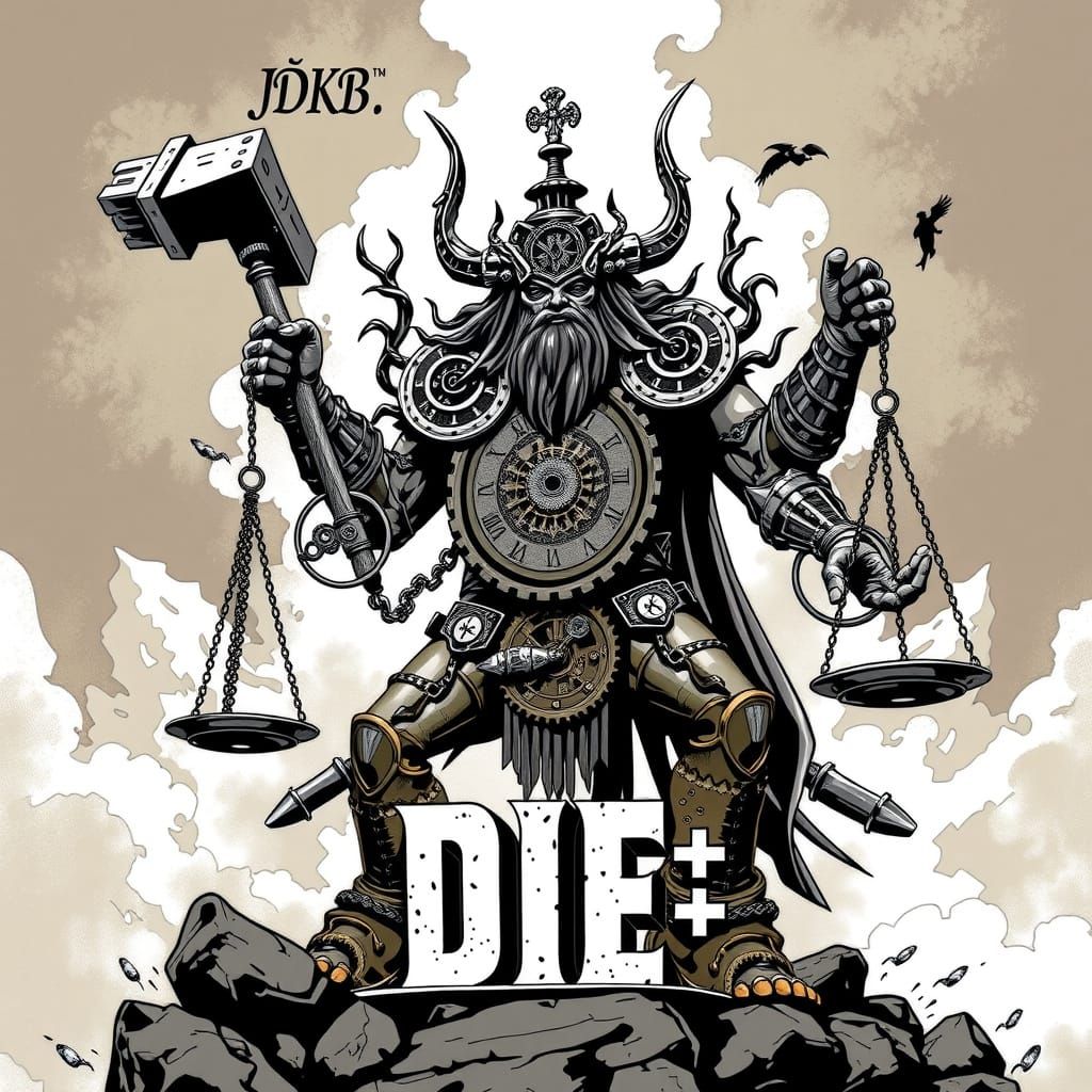 Clockwork Deity with Hammer and Scales, Comic Book Style