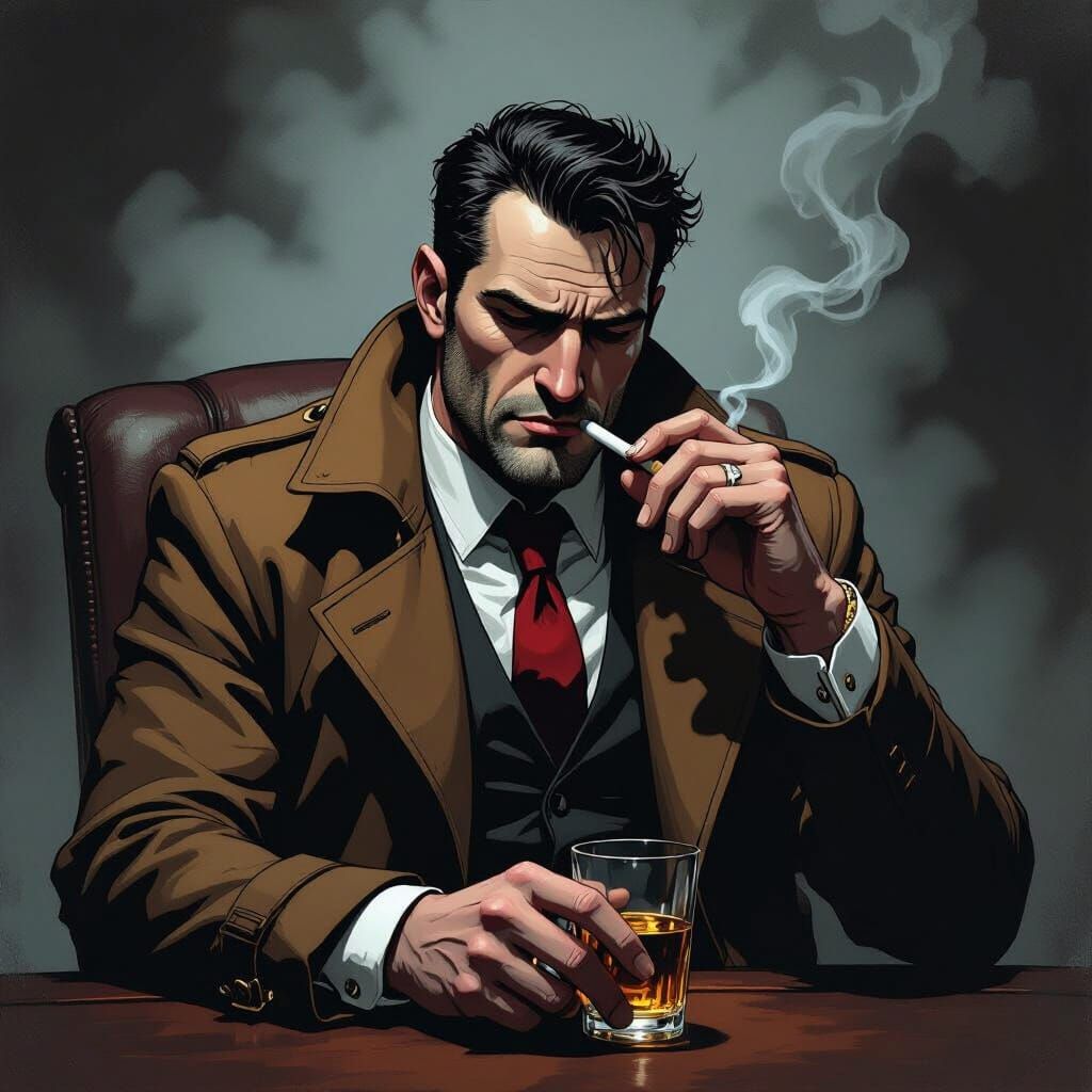 Man in Brown Trench Coat, Comic Book Style