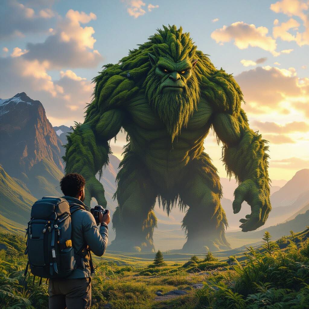 Man Encounters Mossy Troll in Golden Hour Landscape