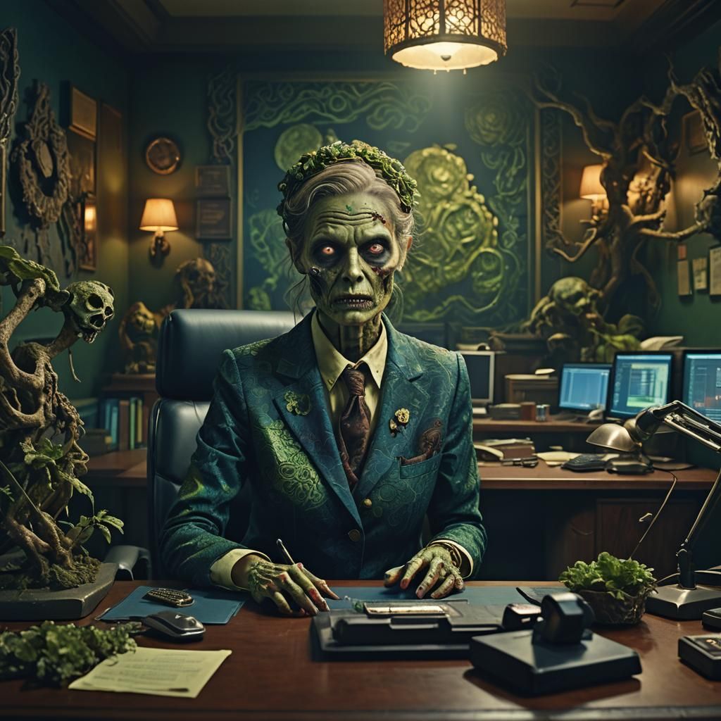 Zombie Receptionist in Dark Office: Matte Painting
