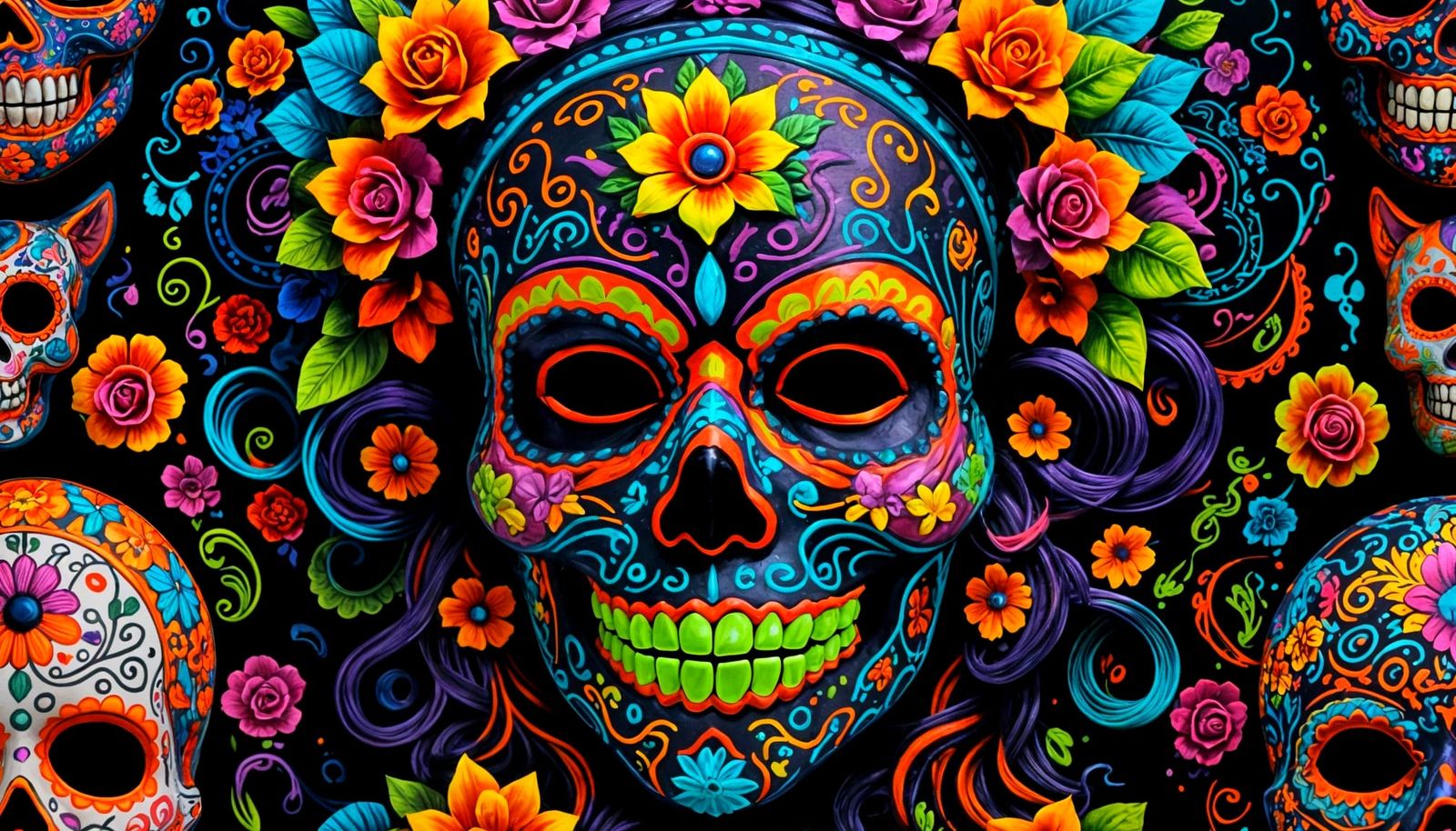 Fluorescent Dia de los Muertos Mask Art