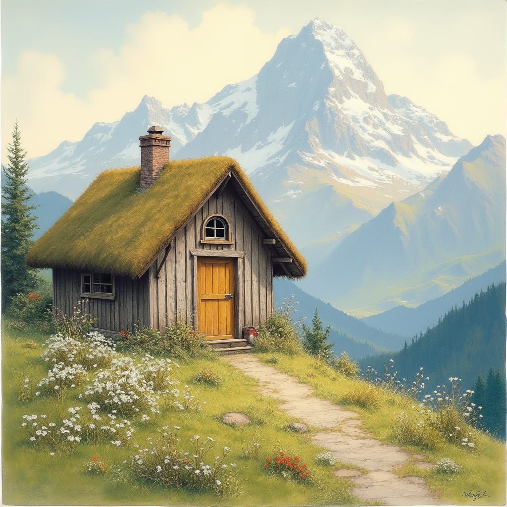 Mountain Hut with Edelweiss in Landscape Etching Style