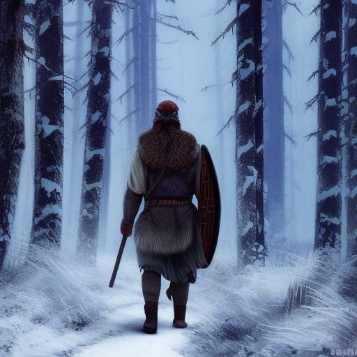 Viking in Winter Forest: Detailed Matte Painting