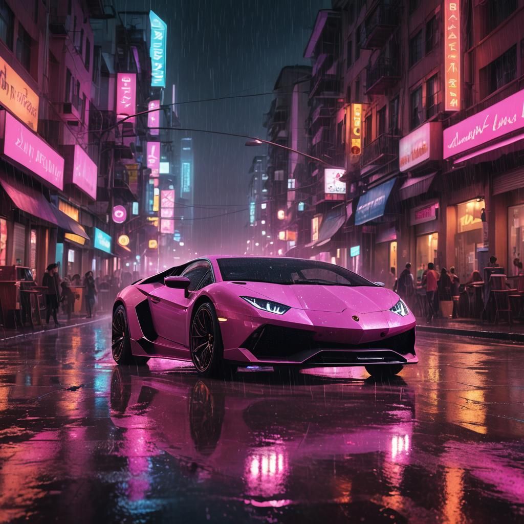 Pink Lamborghini Races Through Neon Cityscape