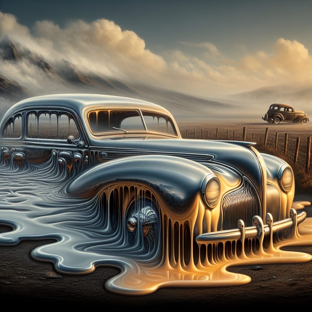 Melting Car in Surreal Desert Landscape, Atmospheric Art