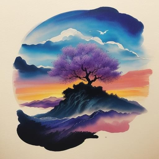 Almond Tree in Bloom: Ink Painting in Van Gogh Style