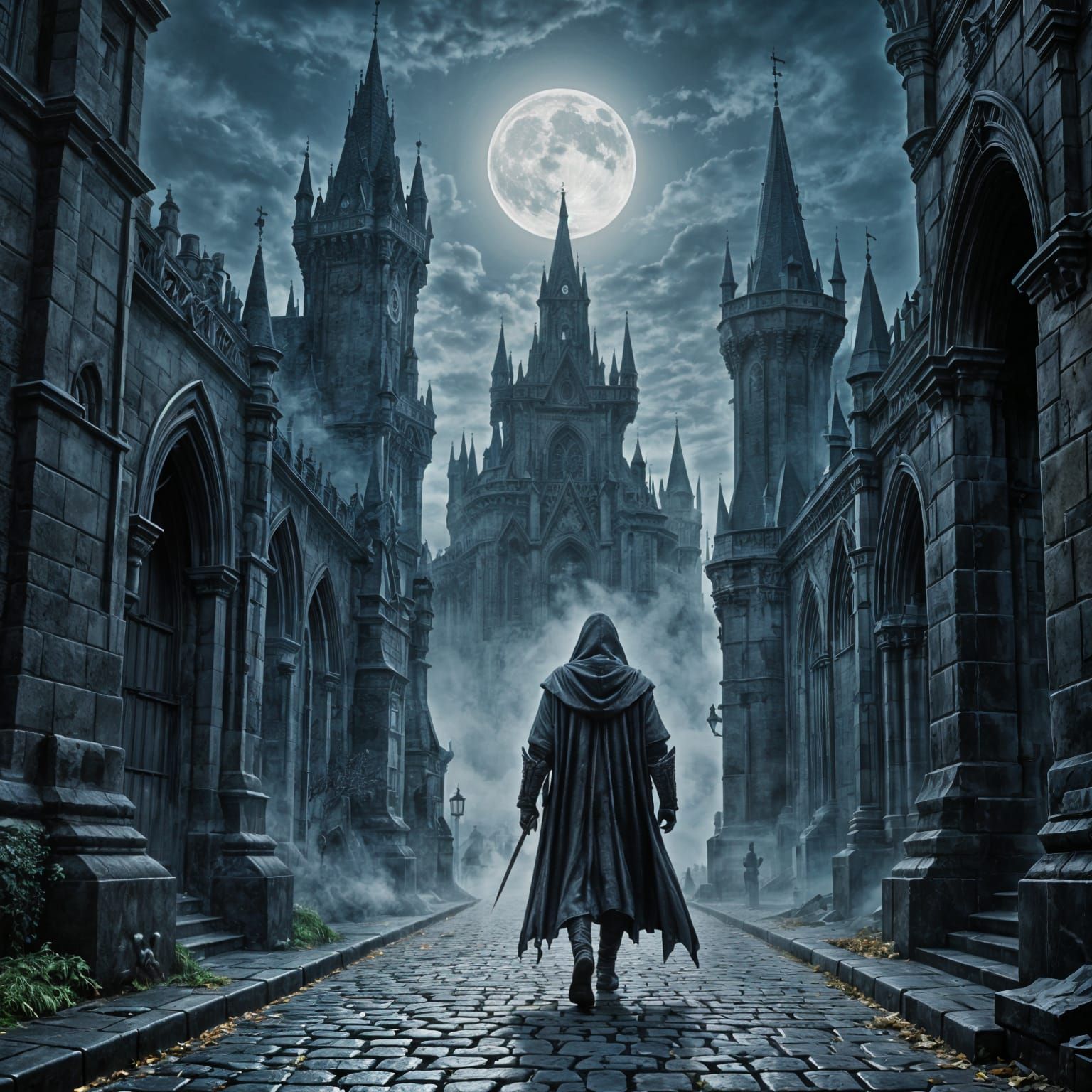 Eerie Cityscape: Cloaked Warrior at Gothic Gates