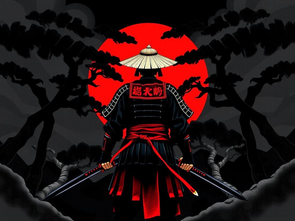 Samurai Silhouette in Ukiyo-e Style with Red Sun