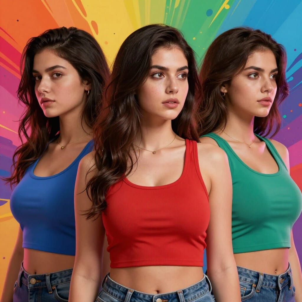 Three Women in Colorful Crop Tops, Hyperrealistic Portrait