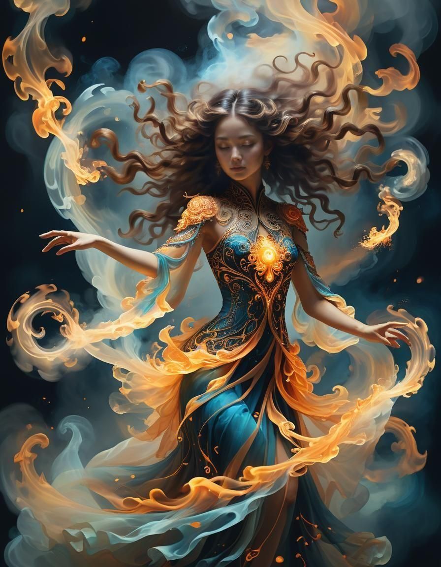 Bioluminescent Dancer in Fire and Smoke Vortex