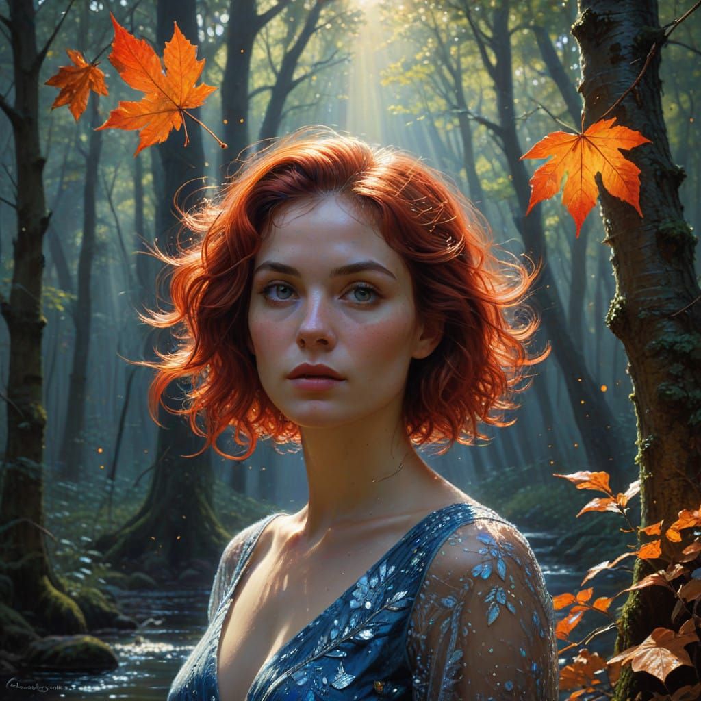 Enchanting Portrait of Red-Haired Woman in Ethereal Forest