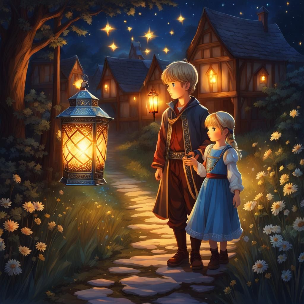 Anime Siblings Explore Starry Night with Lantern