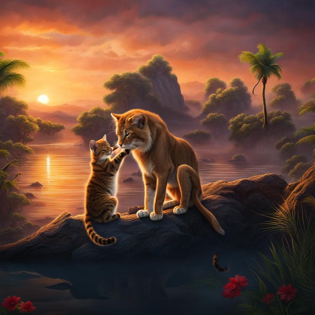 Cat and Lion Cub Play Together