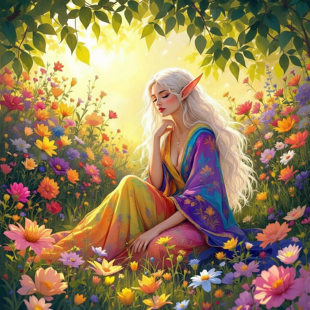 Colorful Elf Woman in Rainbow Flower Field