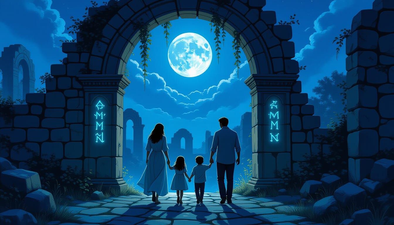Family Walks Through Moonlit Ancient Ruins in Storybook Styl...