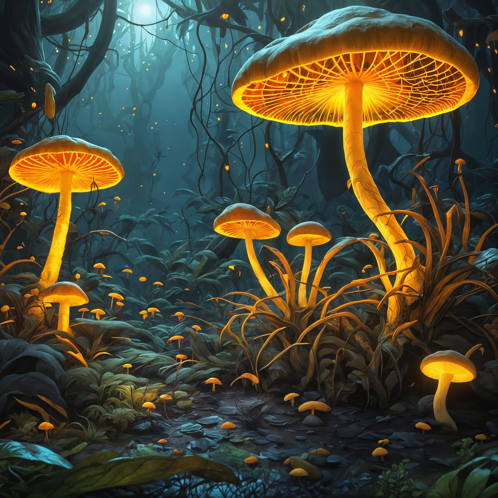 Mystical Jungle Night Scene with Glowing Mushrooms