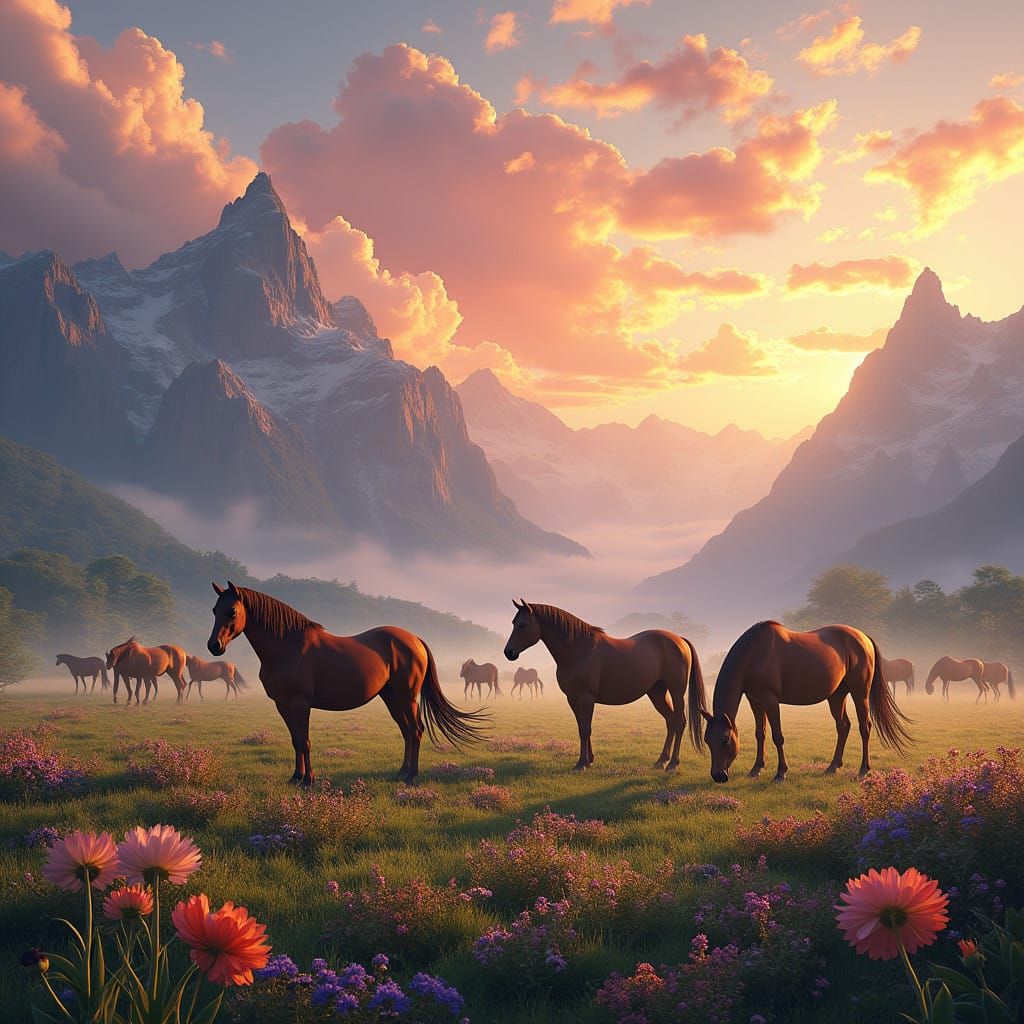 Majestic Horses Grazing in a Vibrant Meadow under a Stunning...