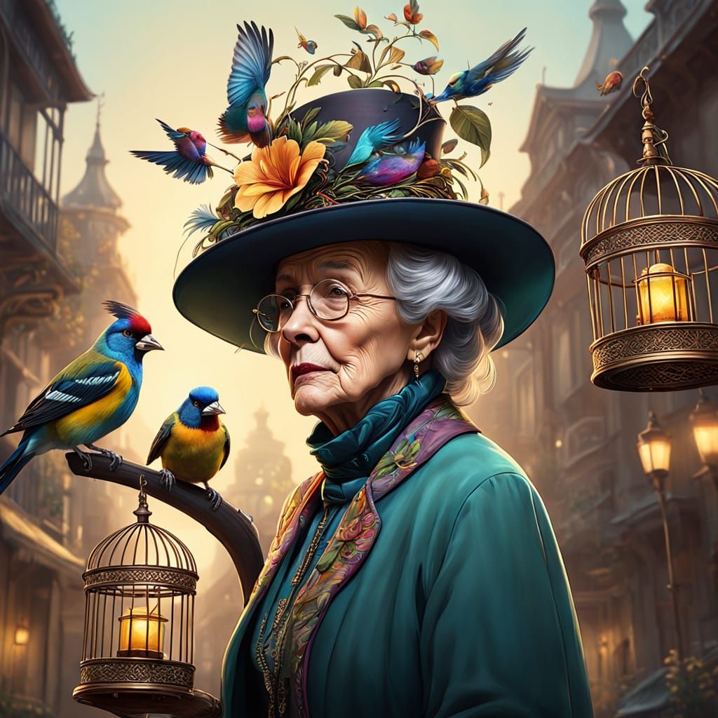 Elderly Lady Wears Bird Cage Hat with Finches