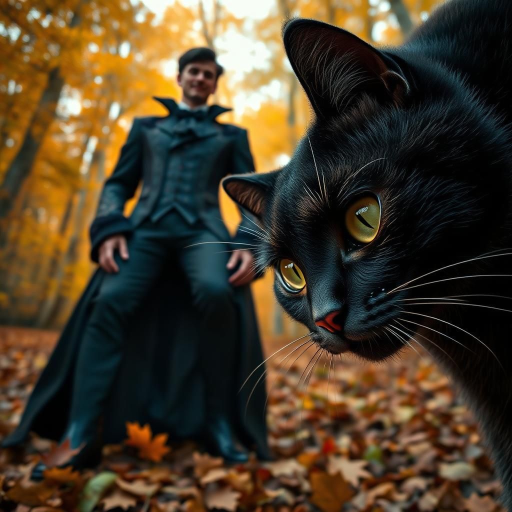 Gothic Man and Black Cat in Autumn Forest