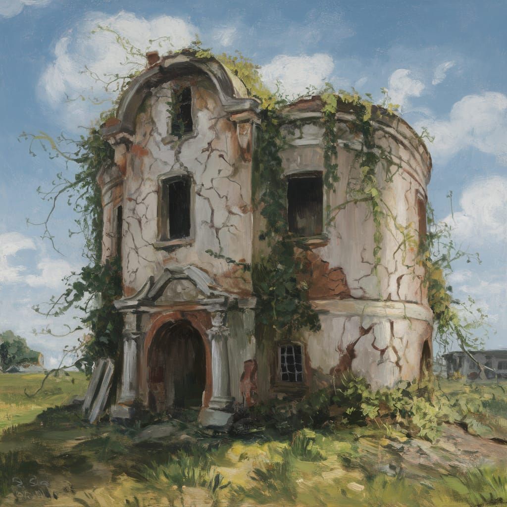 Decrepit Old Man's Head Building in Neo-Impressionist Style