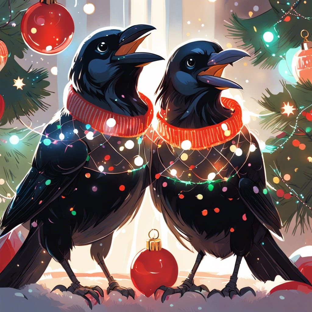 Festive Crows Celebrate Christmas: Digital Illustration