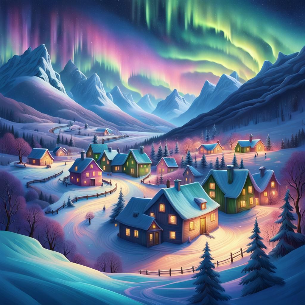 Vibrant Snowy Village Under Dancing Aurora