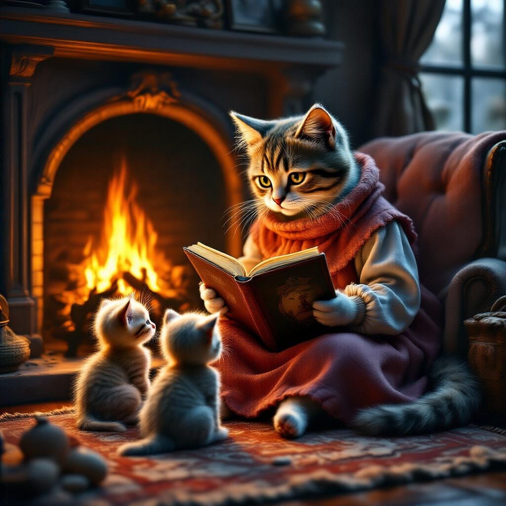 Cozy Mother Cat Reading to Kittens: Whimsical Realism