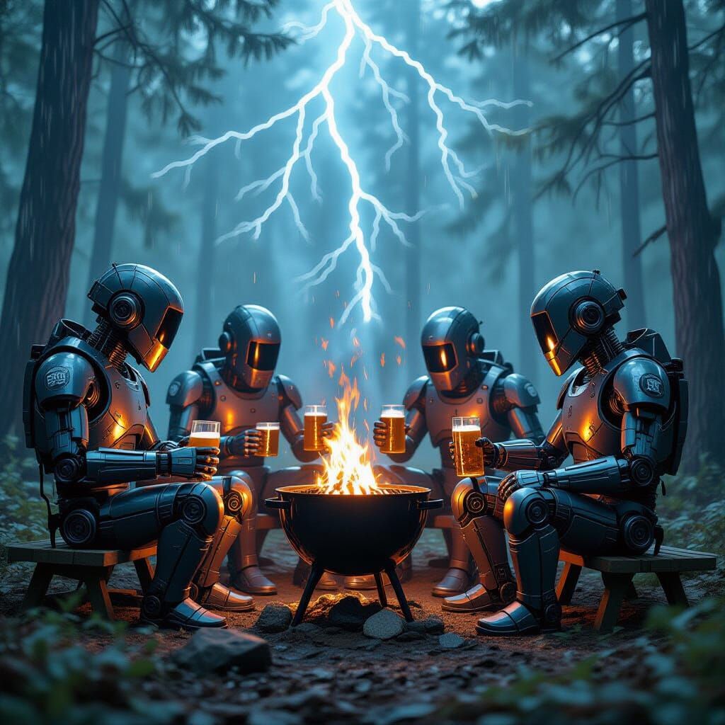 Robots Picnic Barbecue in Thunderstorm, Industrial Style