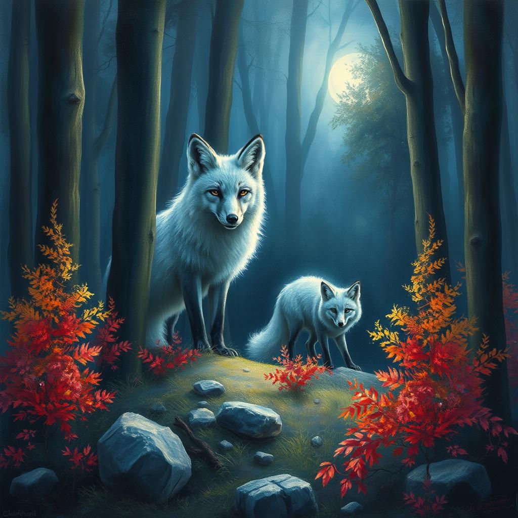 Silvery Blue Fox in Forest, Romanticism Art