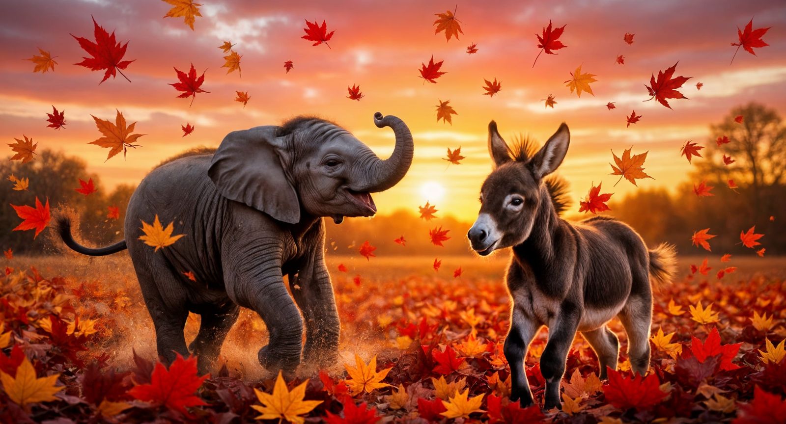 Baby Elephant and Donkey Play in Autumn Leaves