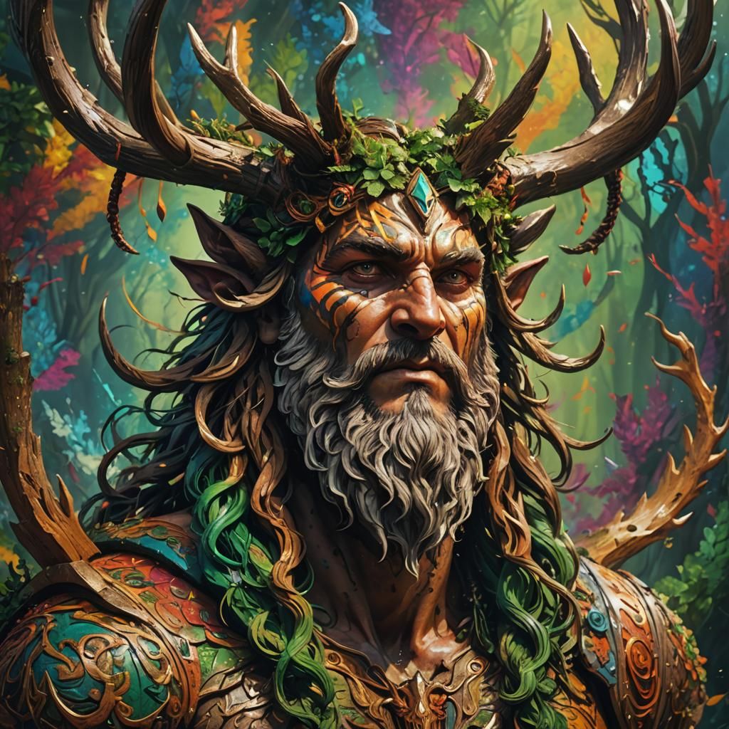 Hyperrealistic Cernunnos Portrait in Splash Art Style