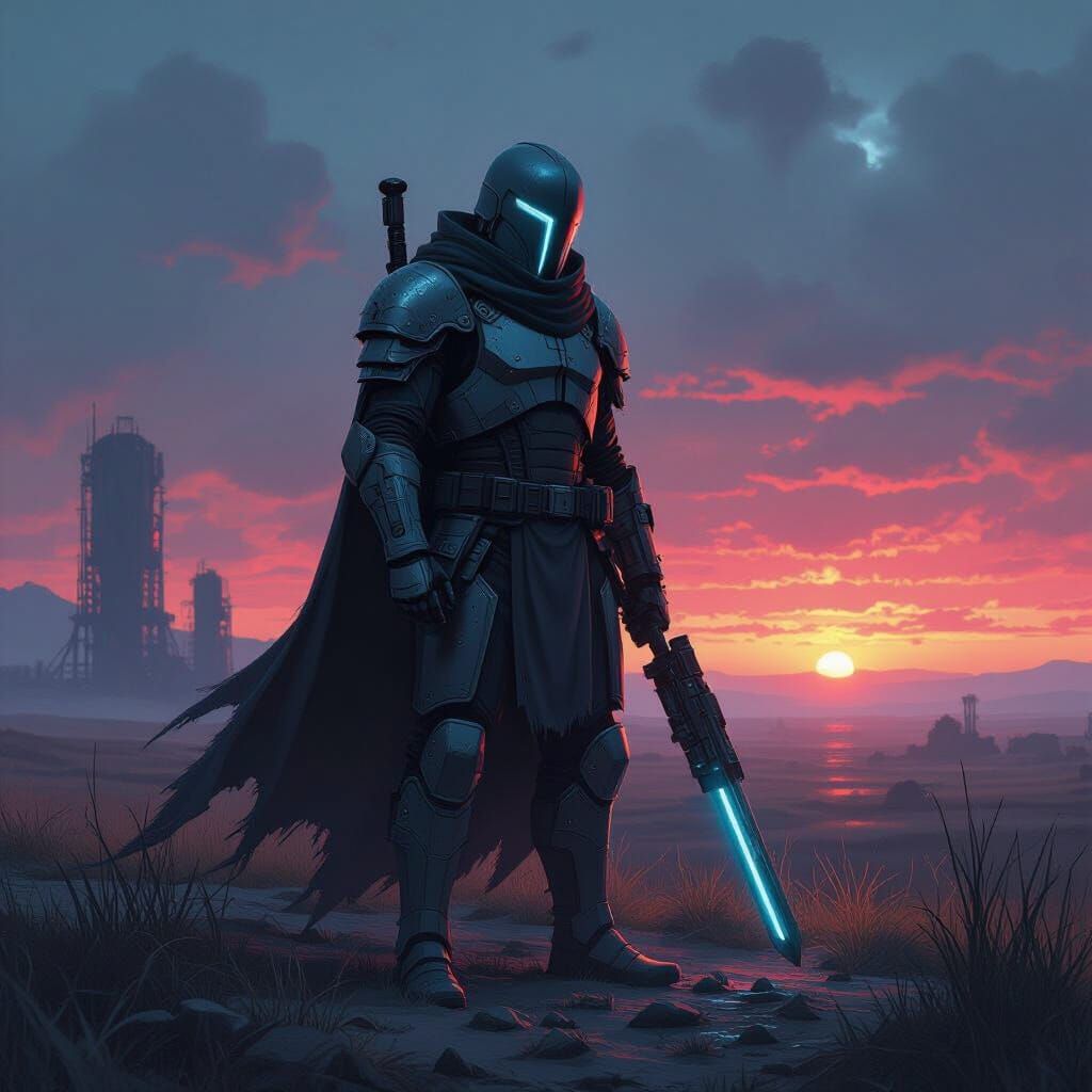 Futuristic Warrior in Post-Apocalyptic Landscape