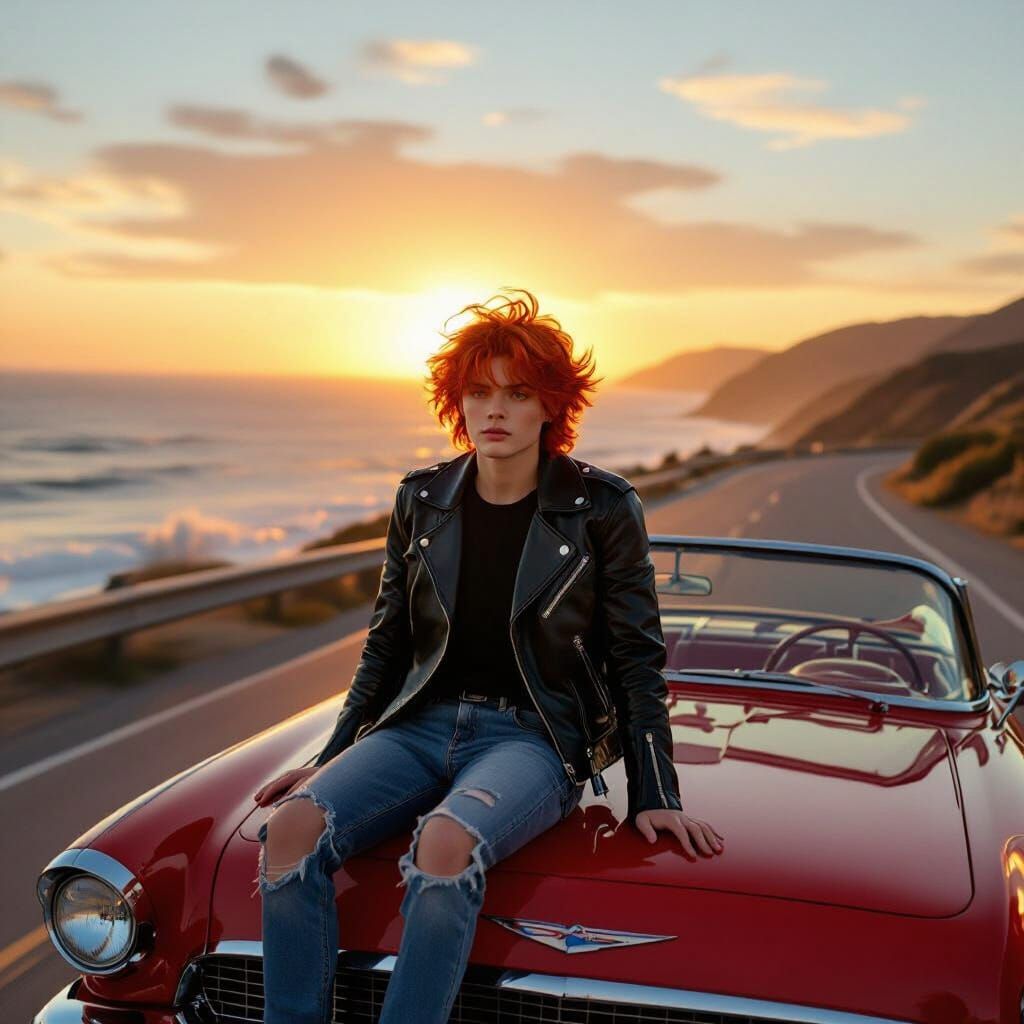 Vibrant Hair Person Drives Vintage Convertible at Sunset