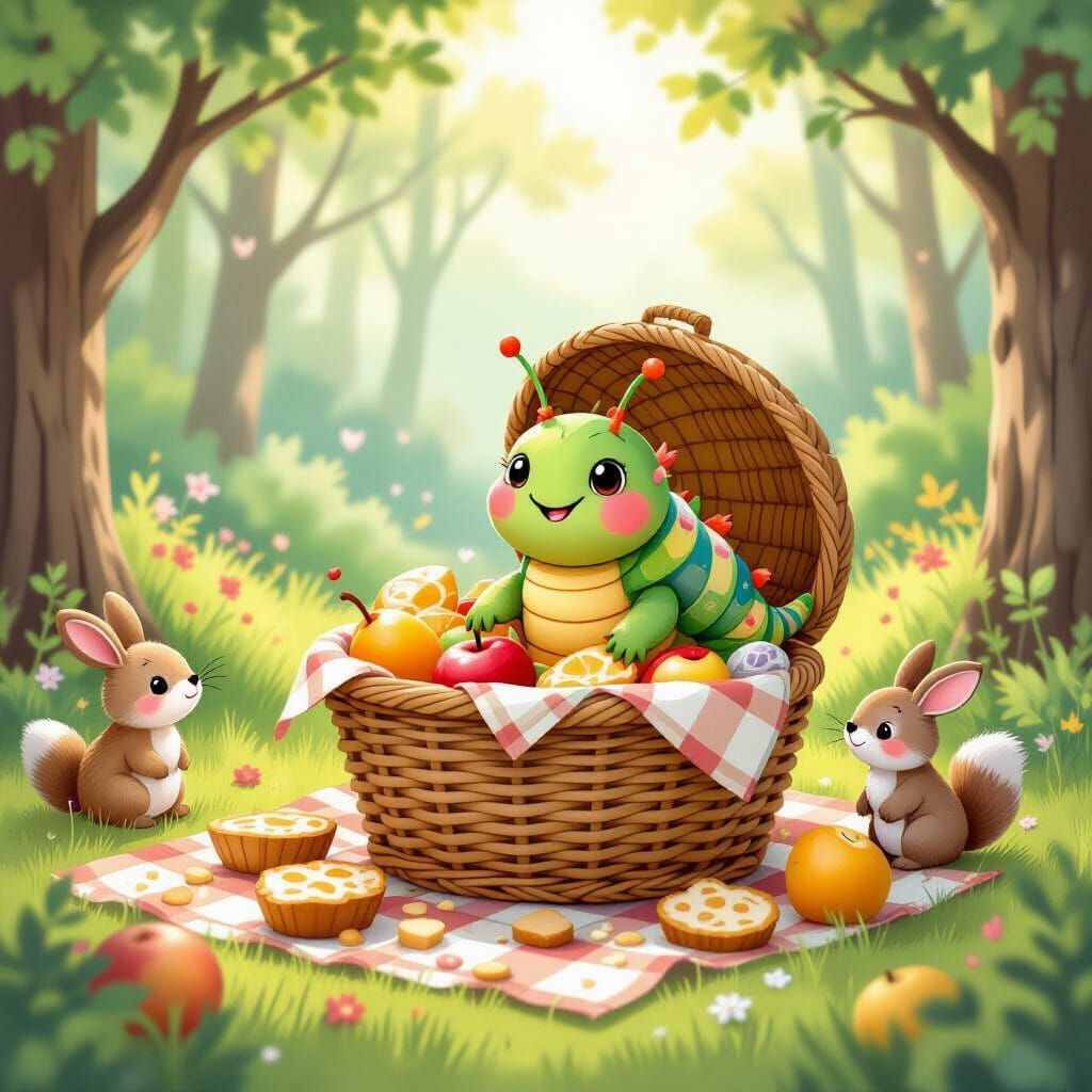 Whimsical Caterpillar's Forest Picnic in Handmade Style