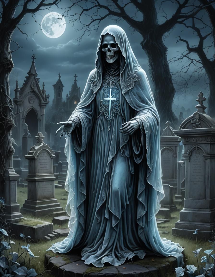 Eerie Luminous Ghost in Victorian Graveyard