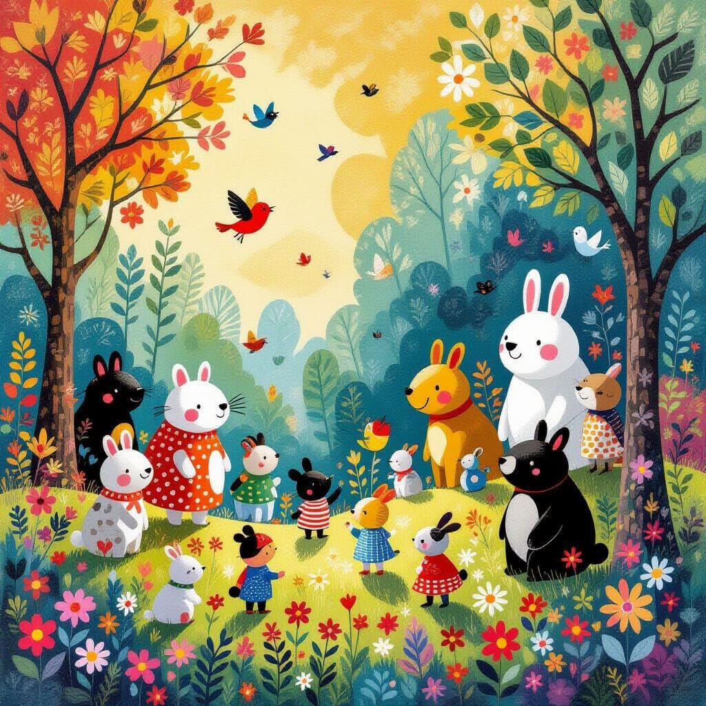 Whimsical Animals in Vibrant Acrylic Painting