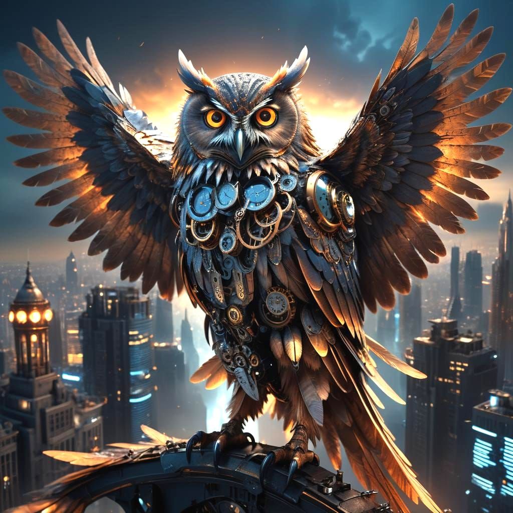 Steampunk Clockwork Owl Soaring Over Dystopian City