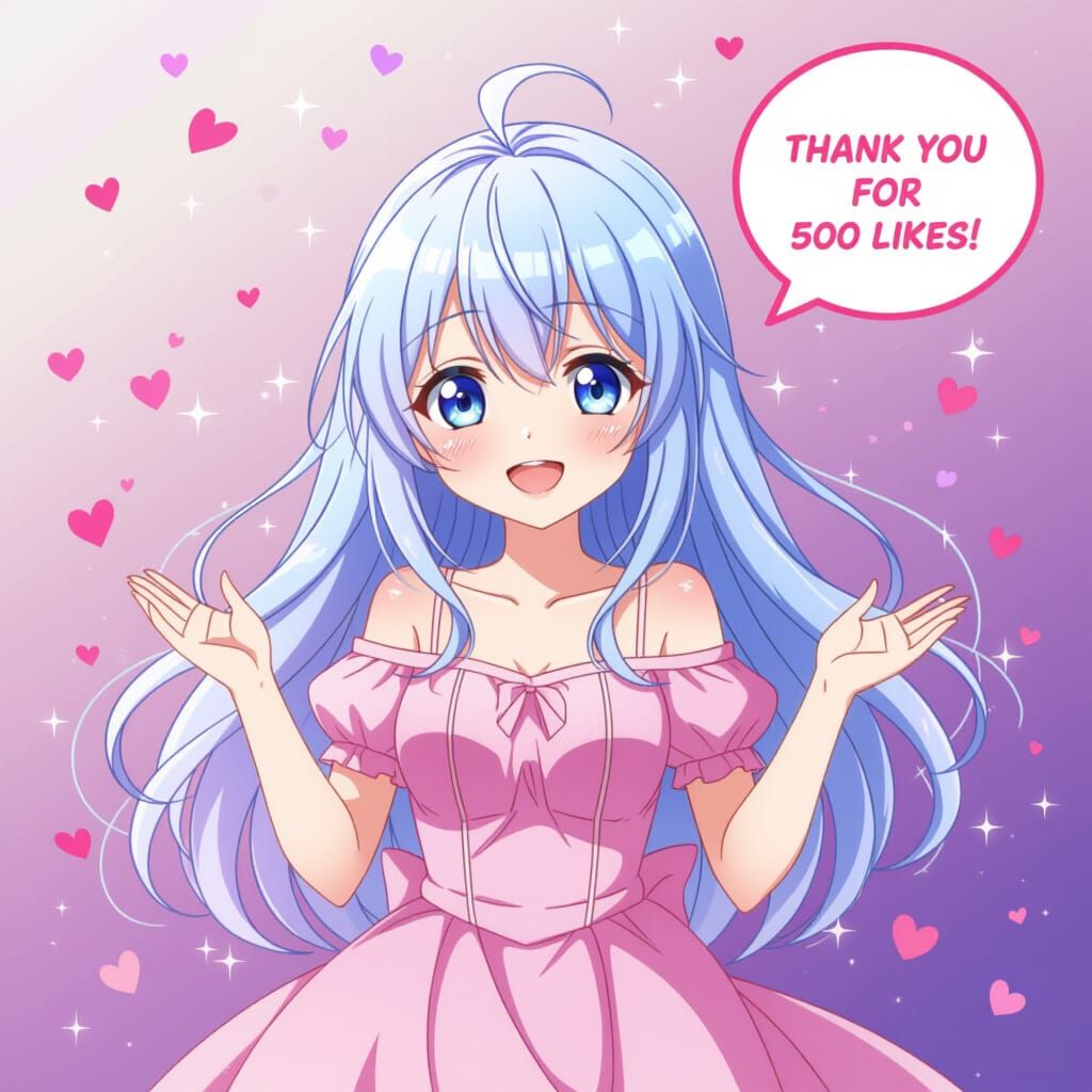 Anime Girl Thanks You for 500 Likes in Pastel Dress