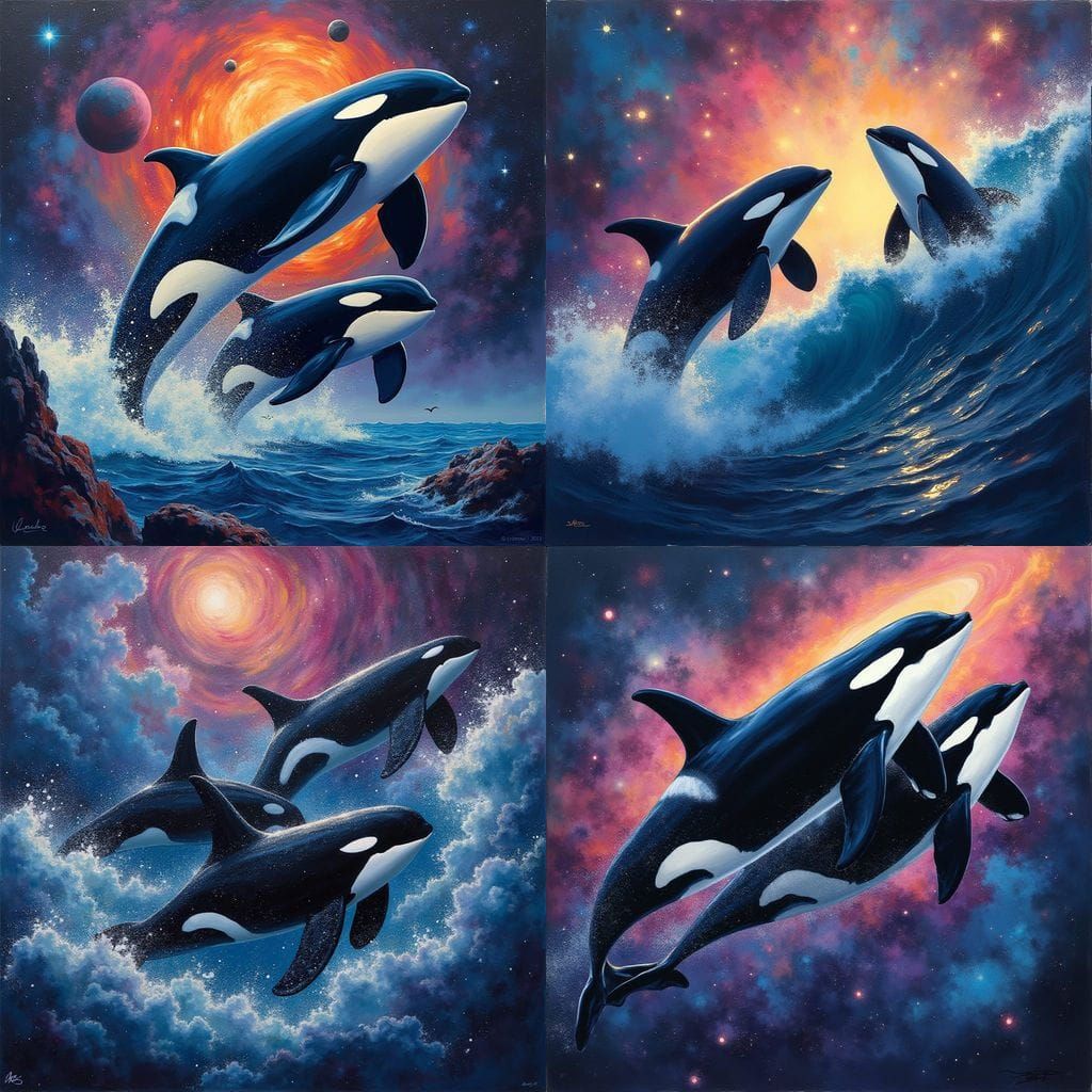 Orcas Swim Through Galaxy in Splash Art Style