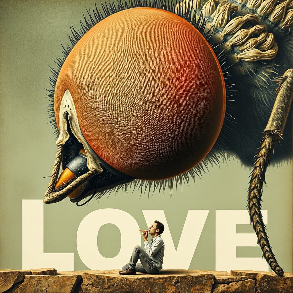 Surreal Fly Pupil Painting with Man Eating Banana