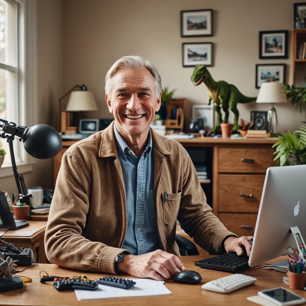 Warm Home Office Portrait with Dinosaur Toy
