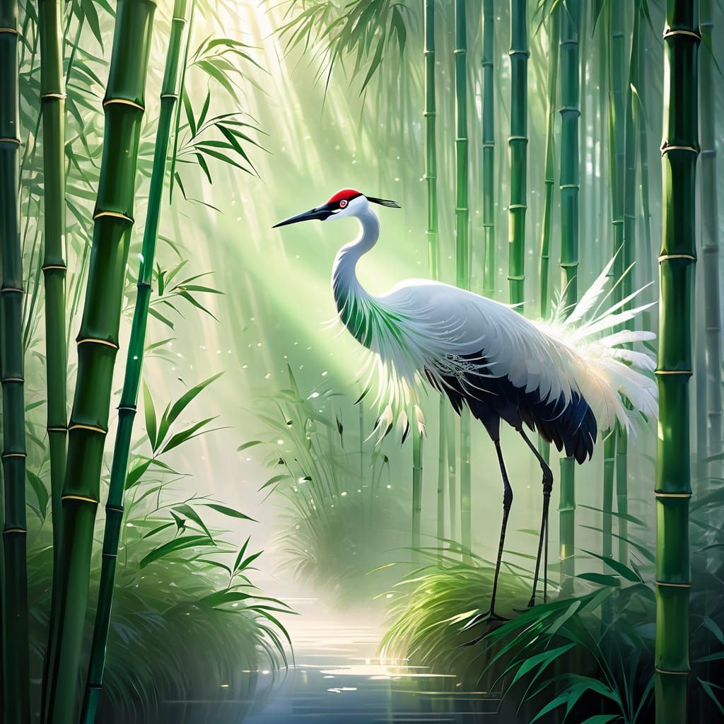 Messenger Crane in Bamboo Forest with Glowing Feathers